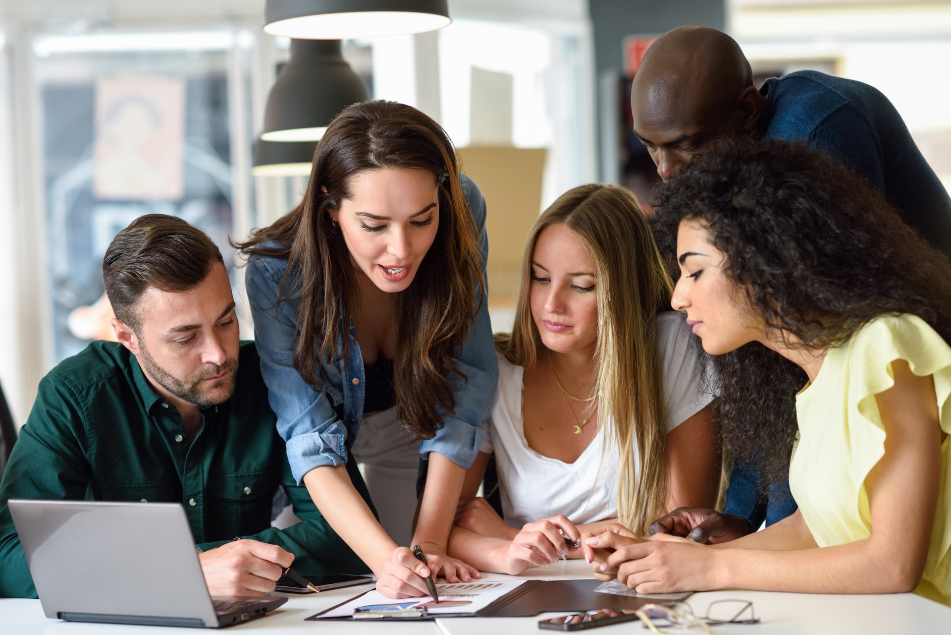 Multi-ethnic group of young men and women studying indoors.